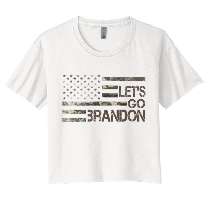 Let's Go Brandon Military Camo FJB Biden Chant Flag Women's Crop Top Tee