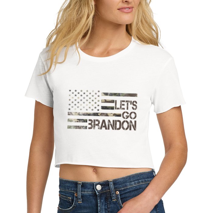 Let's Go Brandon Military Camo FJB Biden Chant Flag Women's Crop Top Tee