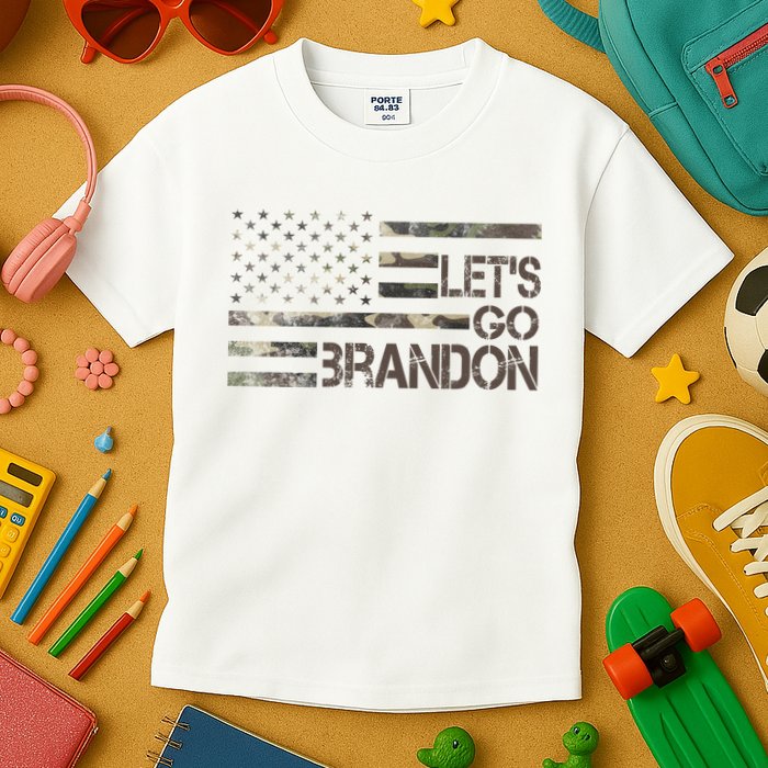 Let's Go Brandon Military Camo FJB Biden Chant Flag Kids T-Shirt