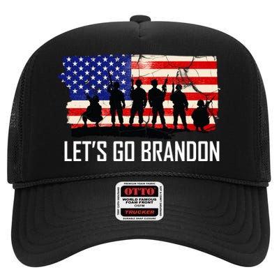 Let's Go Brandon Military Troops American Flag High Crown Mesh Back Trucker Hat