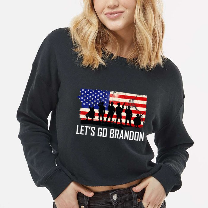 Let's Go Brandon Military Troops American Flag Cropped Pullover Crew