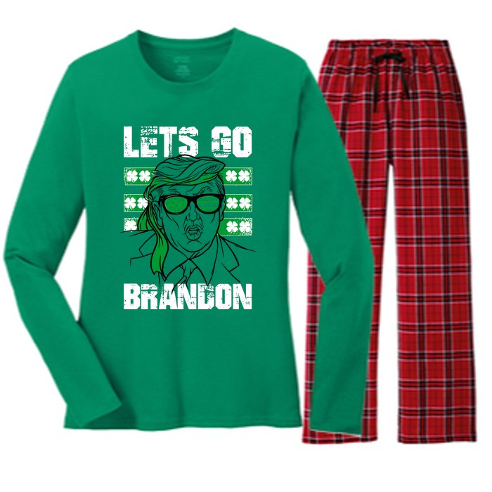 Lets Go Brandon St Patrick's Day Trump Beer America Flag Women's Long Sleeve Flannel Pajama Set 