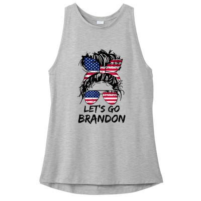 Let's Go Brandon Messy Bun America Flag Ladies PosiCharge Tri-Blend Wicking Tank