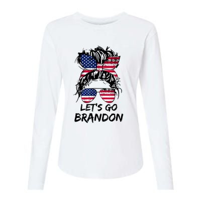 Let's Go Brandon Messy Bun America Flag Womens Cotton Relaxed Long Sleeve T-Shirt