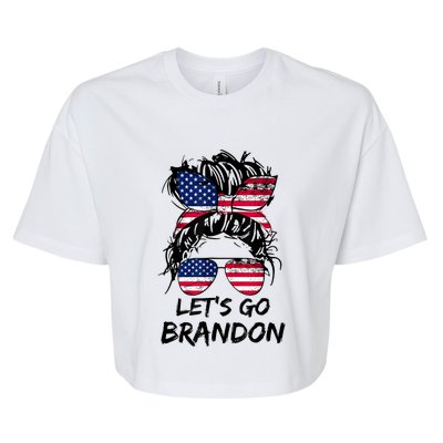 Let's Go Brandon Messy Bun America Flag Bella+Canvas Jersey Crop Tee