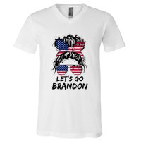 Let's Go Brandon Messy Bun America Flag V-Neck T-Shirt