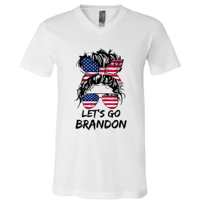 Let's Go Brandon Messy Bun America Flag V-Neck T-Shirt