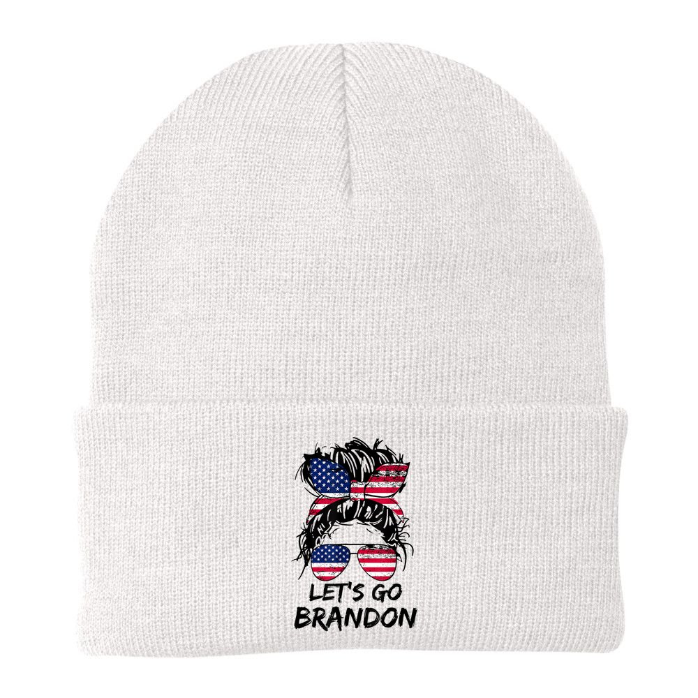Let's Go Brandon Messy Bun America Flag Beanie