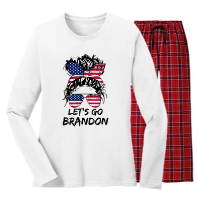 Let's Go Brandon Messy Bun America Flag Women's Long Sleeve Flannel Pajama Set 