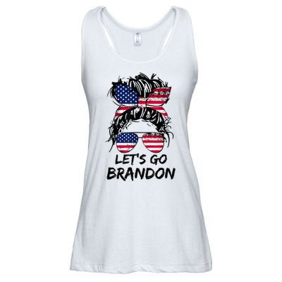 Let's Go Brandon Messy Bun America Flag Ladies Essential Flowy Tank