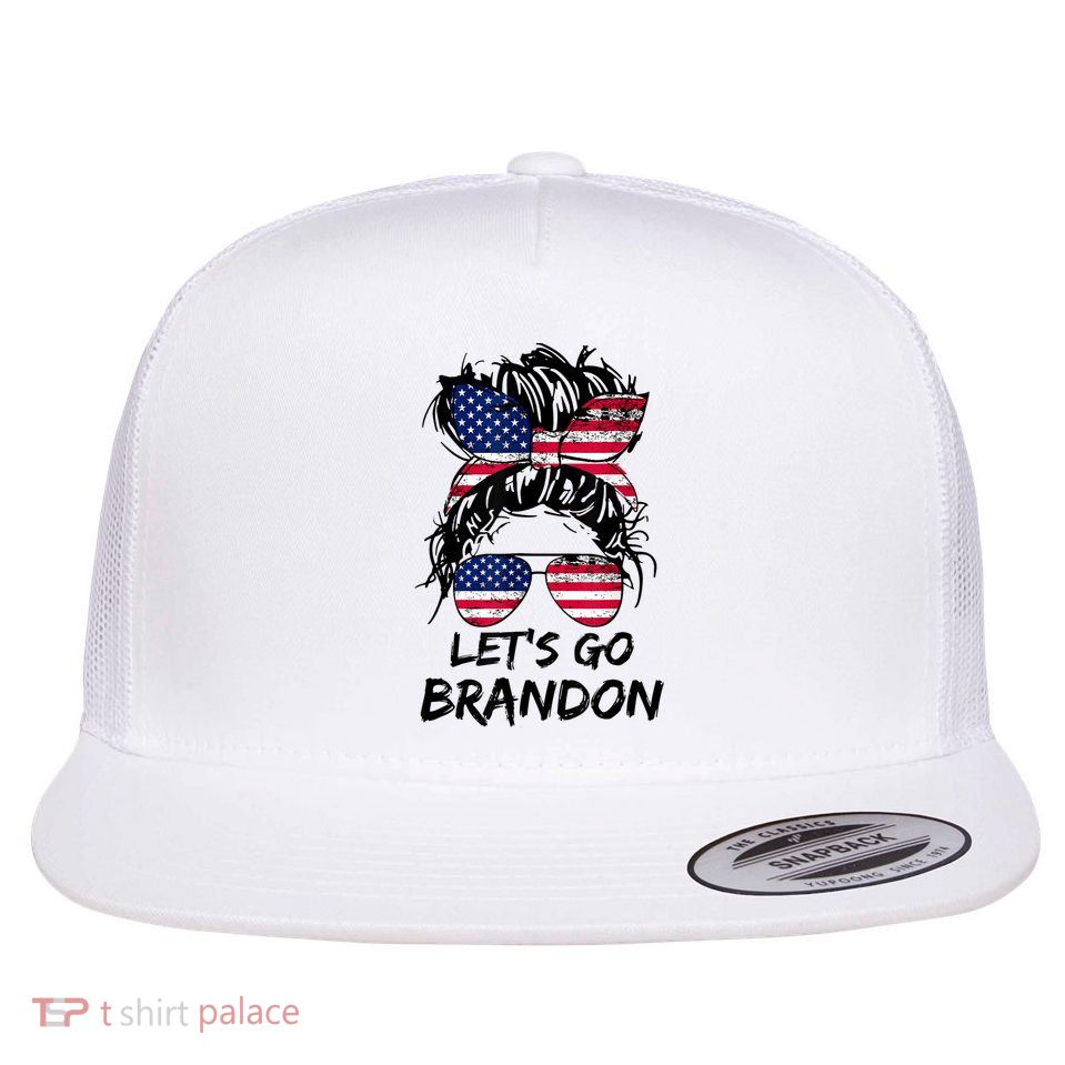 Let's Go Brandon Messy Bun America Flag Flatbill Hat