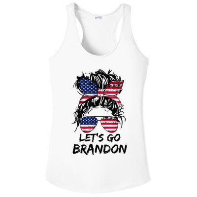 Let's Go Brandon Messy Bun America Flag Ladies PosiCharge Competitor Racerback Tank