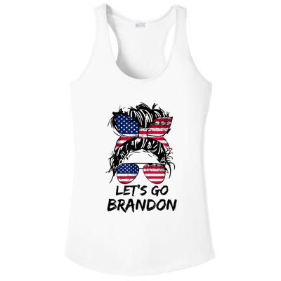 Let's Go Brandon Messy Bun America Flag Ladies PosiCharge Competitor Racerback Tank