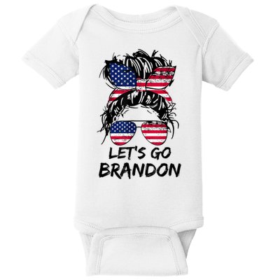 Let's Go Brandon Messy Bun America Flag Baby Bodysuit