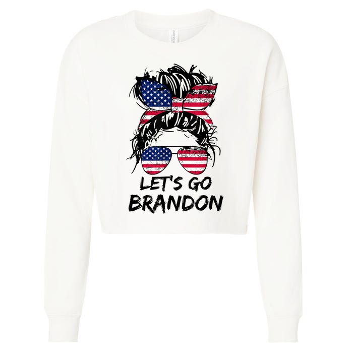 Let's Go Brandon Messy Bun America Flag Cropped Pullover Crew