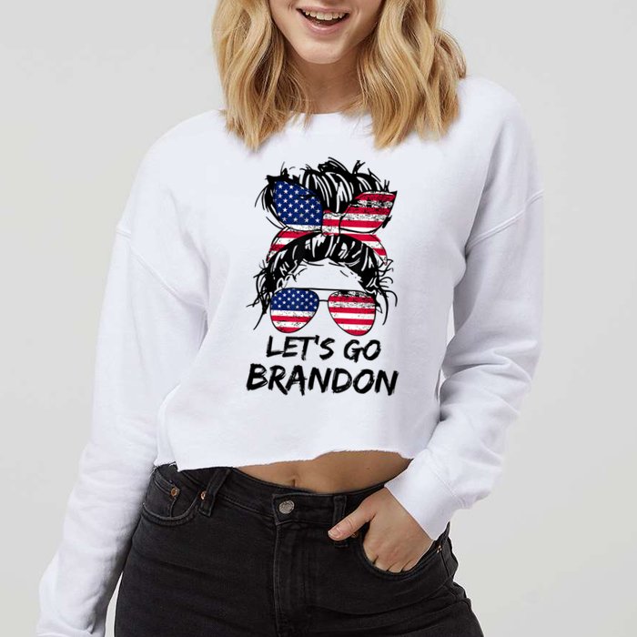 Let's Go Brandon Messy Bun America Flag Cropped Pullover Crew