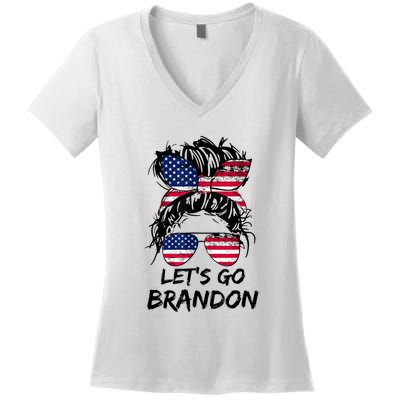 Let's Go Brandon Messy Bun America Flag Women's V-Neck T-Shirt