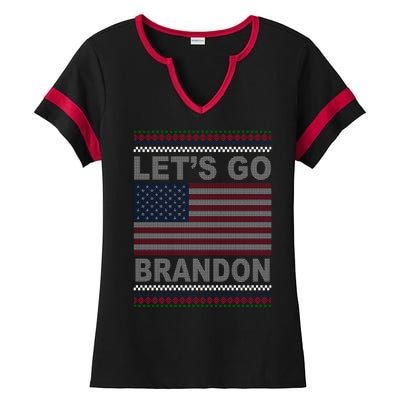 Let's Go Brandon American Flag Ugly Christmas Ladies Halftime Notch Neck Tee