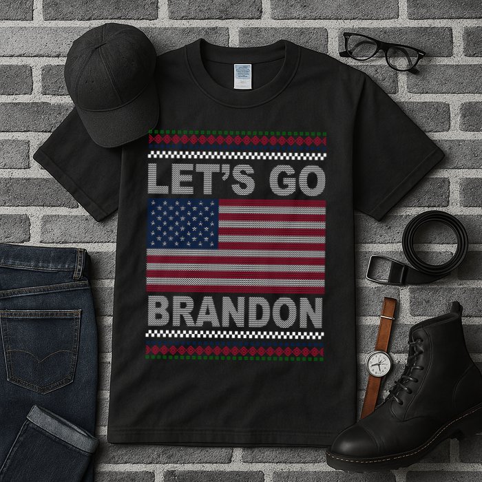 Let's Go Brandon American Flag Ugly Christmas Tall T-Shirt