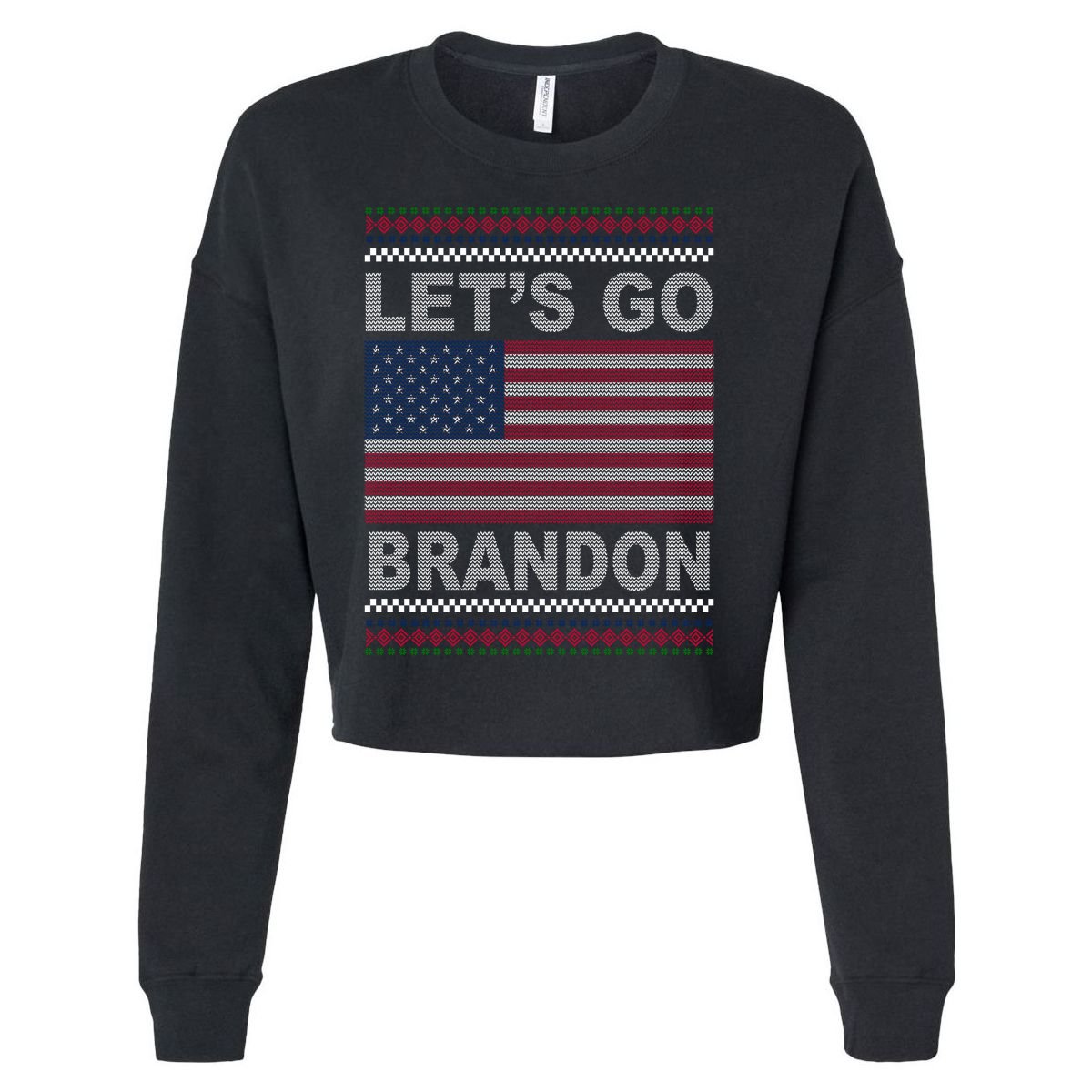 Let's Go Brandon American Flag Ugly Christmas Cropped Pullover Crew