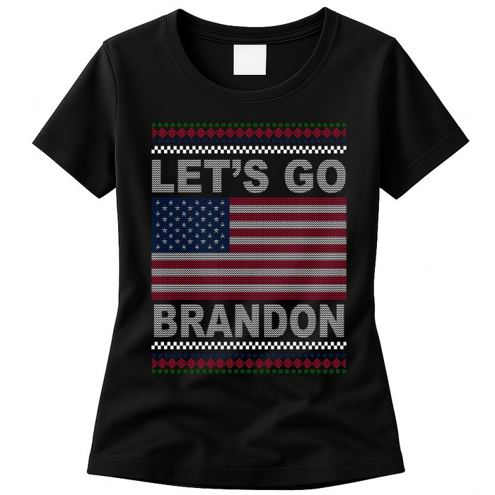 Let's Go Brandon American Flag Ugly Christmas Womens T-Shirt