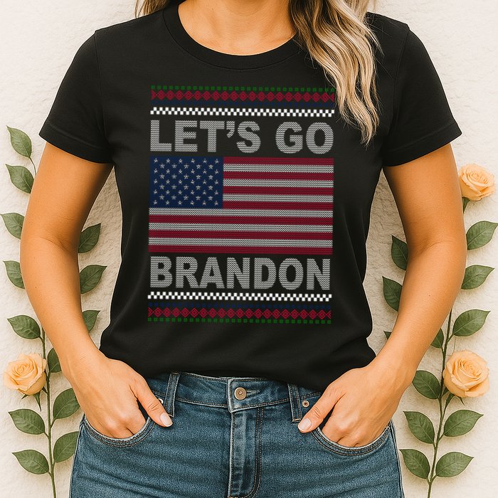 Let's Go Brandon American Flag Ugly Christmas Womens T-Shirt