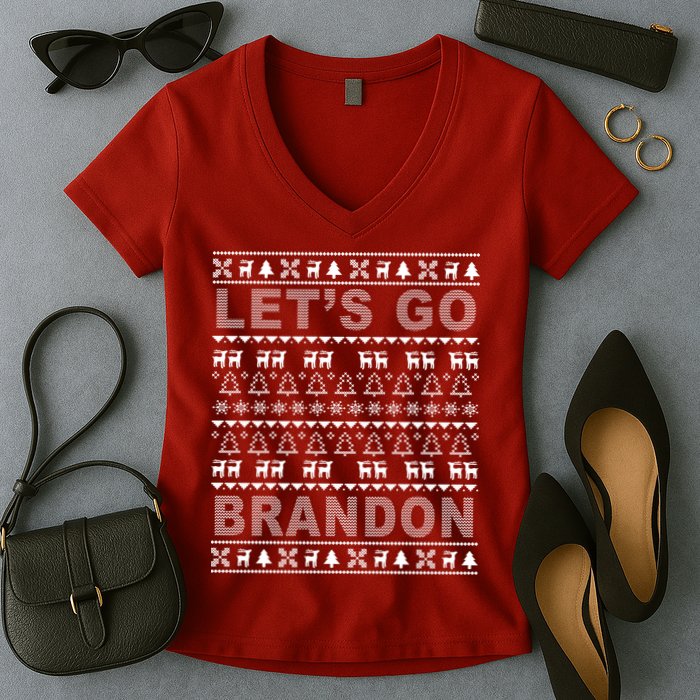 Let's Go Brandon Ugly Christmas Sweater FJB Chant Women's V-Neck T-Shirt