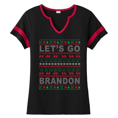 Let's Go Brandon Ugly Christmas Sweater FJB Anti Biden Ladies Halftime Notch Neck Tee