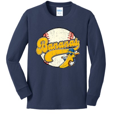 Lets Go Bananas Banana Playing Baseball Baseball Player Kids Long Sleeve Shirt