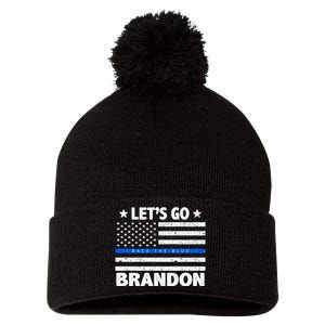 Let's Go Brandon Blue Thin Line Back The Blue FJB Chant Pom Pom 12in Knit Beanie