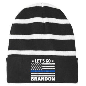 Let's Go Brandon Blue Thin Line Back The Blue FJB Chant Striped Beanie with Solid Band