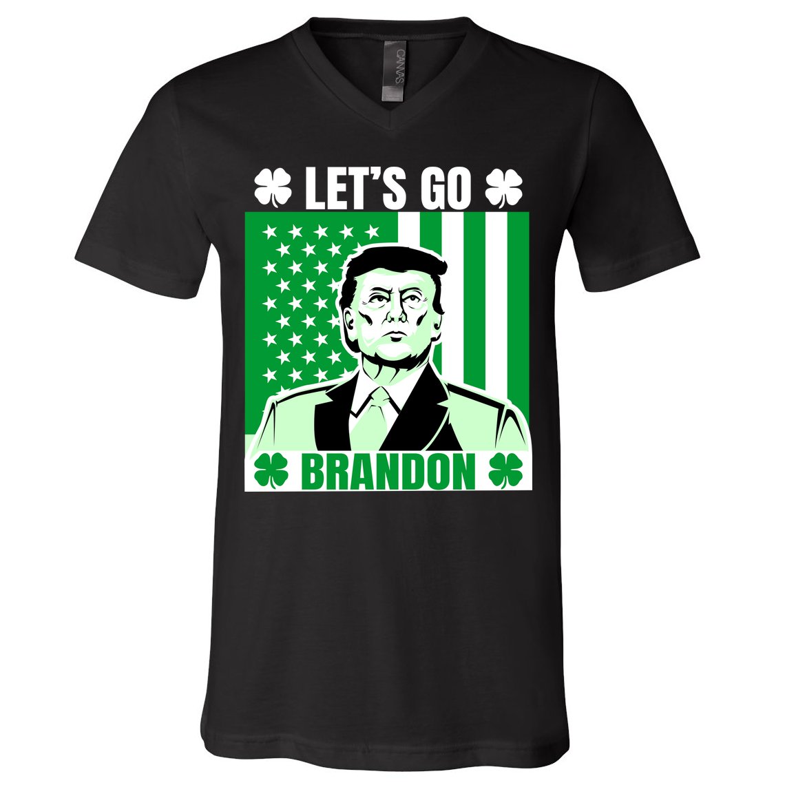 Lets Go Brandon St Patrick's Day Trump America Flag Clover V-Neck T-Shirt