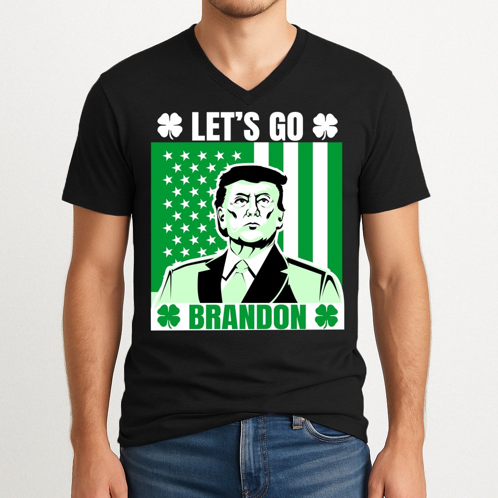 Lets Go Brandon St Patrick's Day Trump America Flag Clover V-Neck T-Shirt