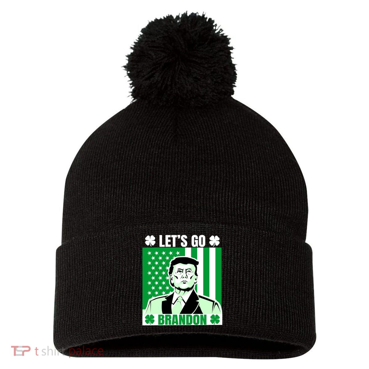 Lets Go Brandon St Patrick's Day Trump America Flag Clover Pom Pom 12in Knit Beanie