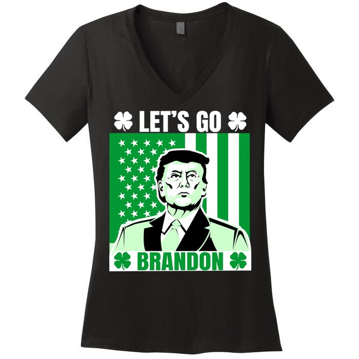 Lets Go Brandon St Patrick's Day Trump America Flag Clover Women's V-Neck T-Shirt