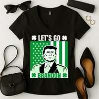 Lets Go Brandon St Patrick's Day Trump America Flag Clover Women's V-Neck T-Shirt
