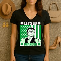 Lets Go Brandon St Patrick's Day Trump America Flag Clover Women's V-Neck T-Shirt