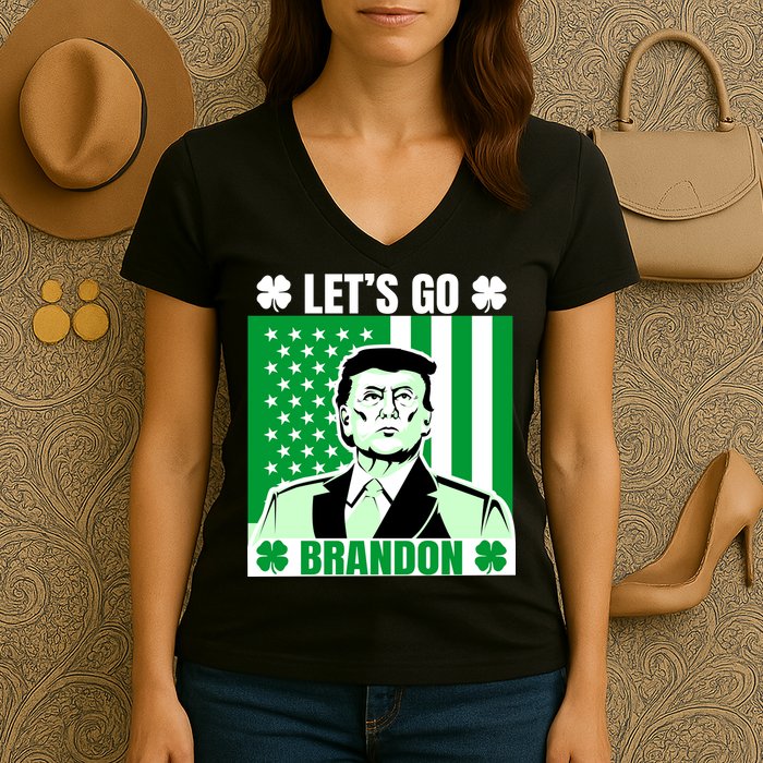Lets Go Brandon St Patrick's Day Trump America Flag Clover Women's V-Neck T-Shirt