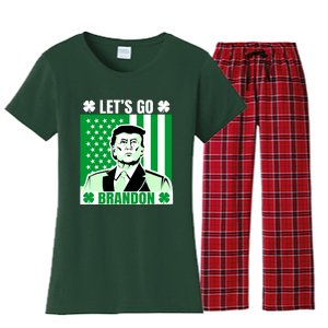 Lets Go Brandon St Patrick's Day Trump America Flag Clover Women's Flannel Pajama Set