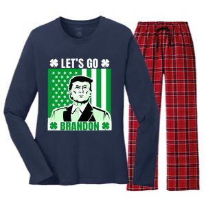 Lets Go Brandon St Patrick's Day Trump America Flag Clover Women's Long Sleeve Flannel Pajama Set 