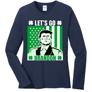 Lets Go Brandon St Patrick's Day Trump America Flag Clover Ladies Long Sleeve Shirt