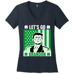 Lets Go Brandon St Patrick's Day Trump America Flag Clover Women's V-Neck T-Shirt