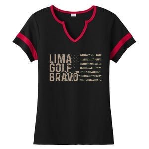 Lima Golf Bravo Lets Go Brandon Camouflage American US Flag Ladies Halftime Notch Neck Tee