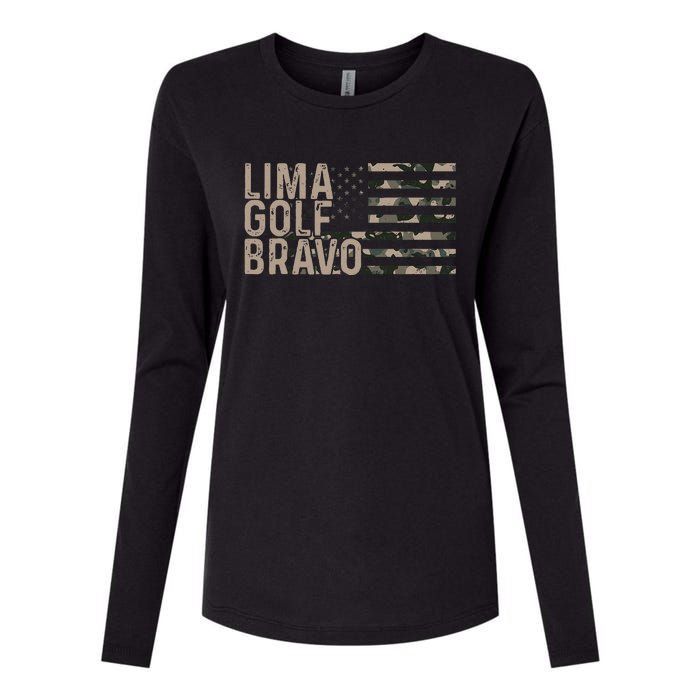 Lima Golf Bravo Lets Go Brandon Camouflage American US Flag Womens Cotton Relaxed Long Sleeve T-Shirt