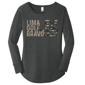 Lima Golf Bravo Lets Go Brandon Camouflage American US Flag Women's Perfect Tri Tunic Long Sleeve Shirt