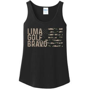 Lima Golf Bravo Lets Go Brandon Camouflage American US Flag Ladies Essential Tank