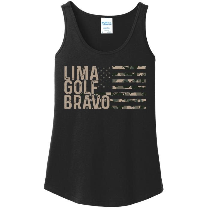 Lima Golf Bravo Lets Go Brandon Camouflage American US Flag Ladies Essential Tank