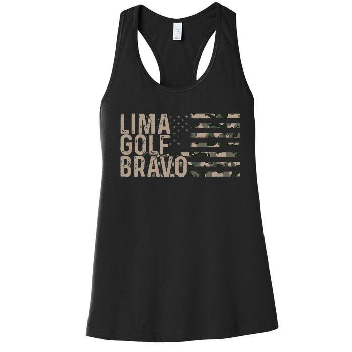 Lima Golf Bravo Lets Go Brandon Camouflage American US Flag Women's Racerback Tank