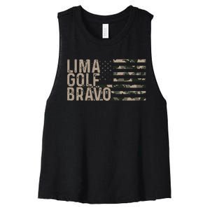 Lima Golf Bravo Lets Go Brandon Camouflage American US Flag Women's Racerback Cropped Tank