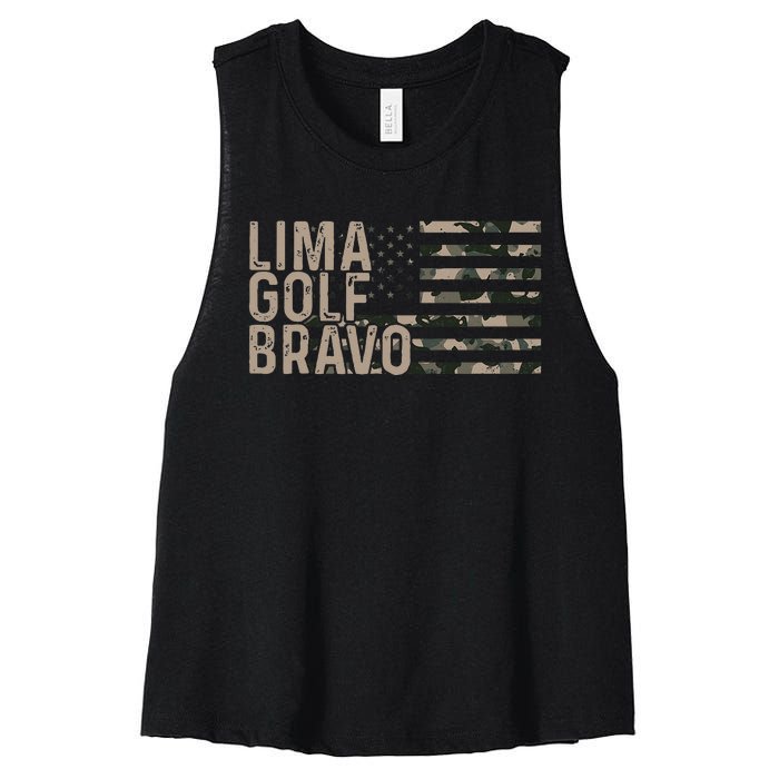 Lima Golf Bravo Lets Go Brandon Camouflage American US Flag Women's Racerback Cropped Tank